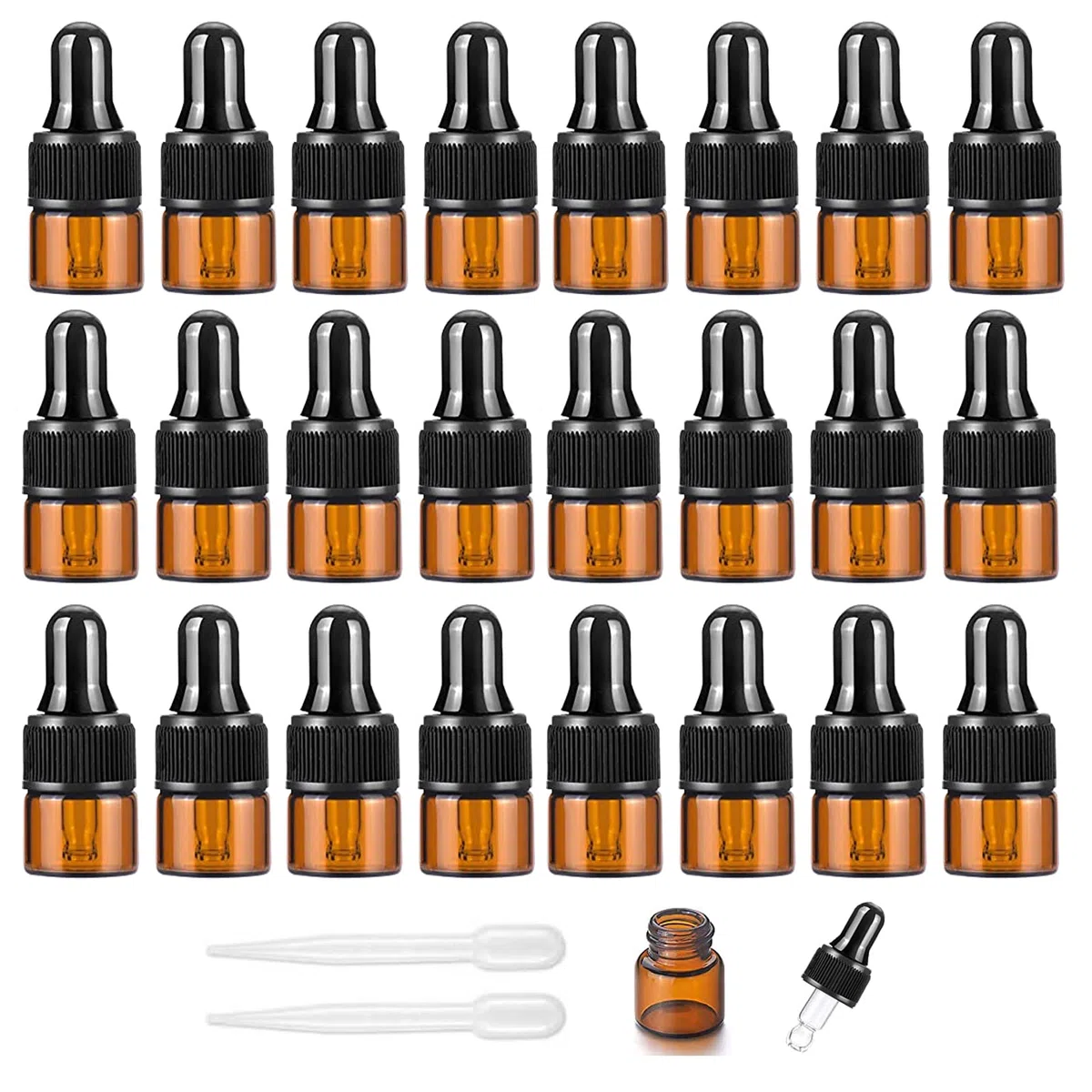 24 flaconcini contagocce in vetro ambrato da 1 ml, vuoti, con pipette contagocce, tappo in plastica, ricaricabili, piccoli contenitori per oli essenziali, profumi, cosmetici e liquidi