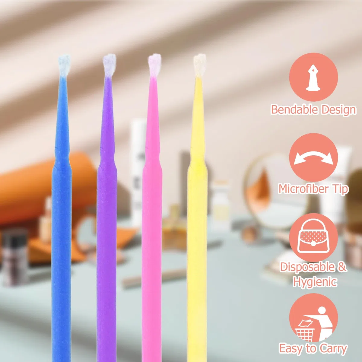 400 pezzi Micro Applicatori a Pennello, Quattro Dimensioni Della Testa, 4 Pennelli Color Extension per Extension Ciglia Rimozione, Trucco, Nail Art, Pittura (Viola+Blu+Rosa+Giallo)