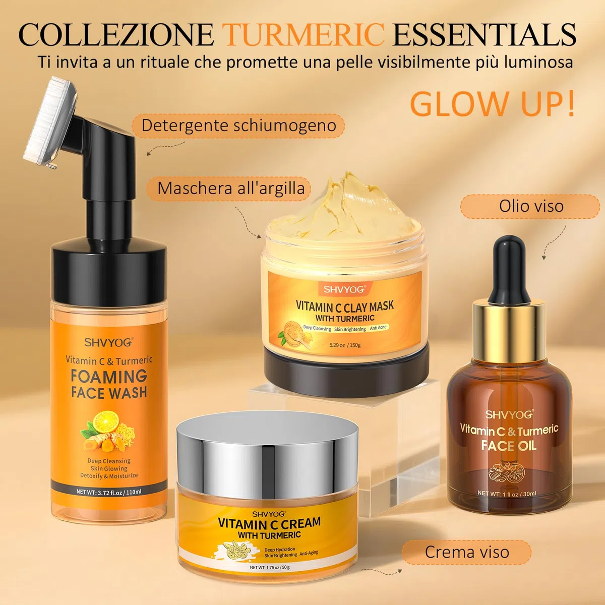 Vitamina C Curcuma Schiuma per la pulizia del viso con spazzola, pulizia della pelle, idratante, esfoliante viso curcuma contro macchie scure, tono della pelle irregolare