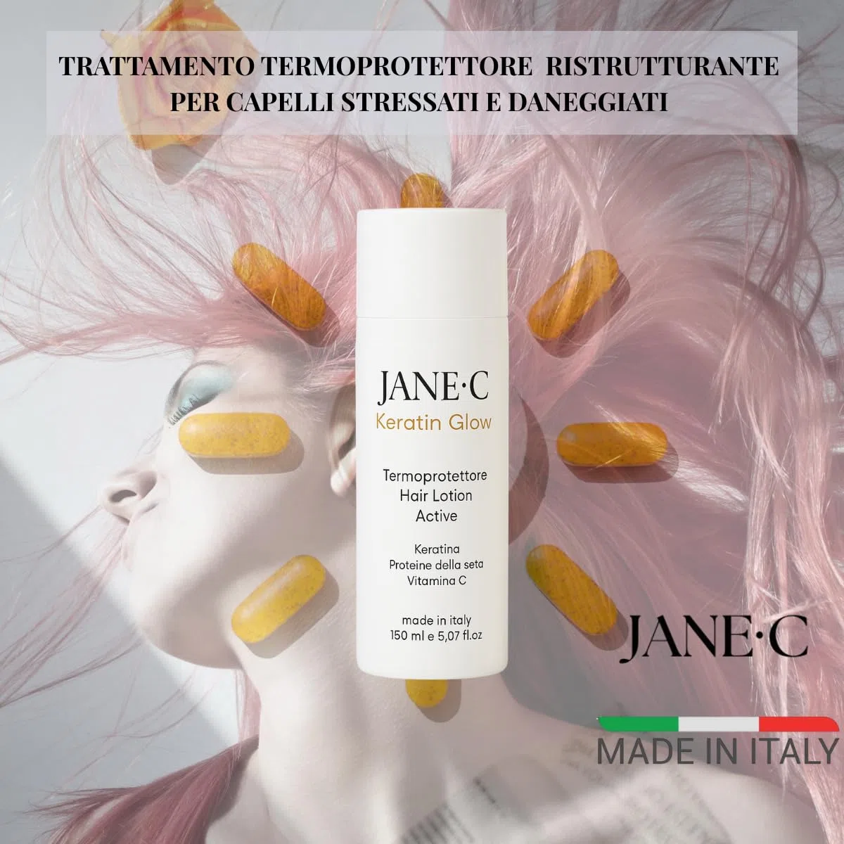 JANE•C Termoprotettore in crema | Ristrutturante Anti-crespo alla Cheratina e Vitamina C |Protegge da Piastra,Phon. Per Capelli Secchi, Danneggiati o Trattati–Senza risciacquo-150ml Made in Italy