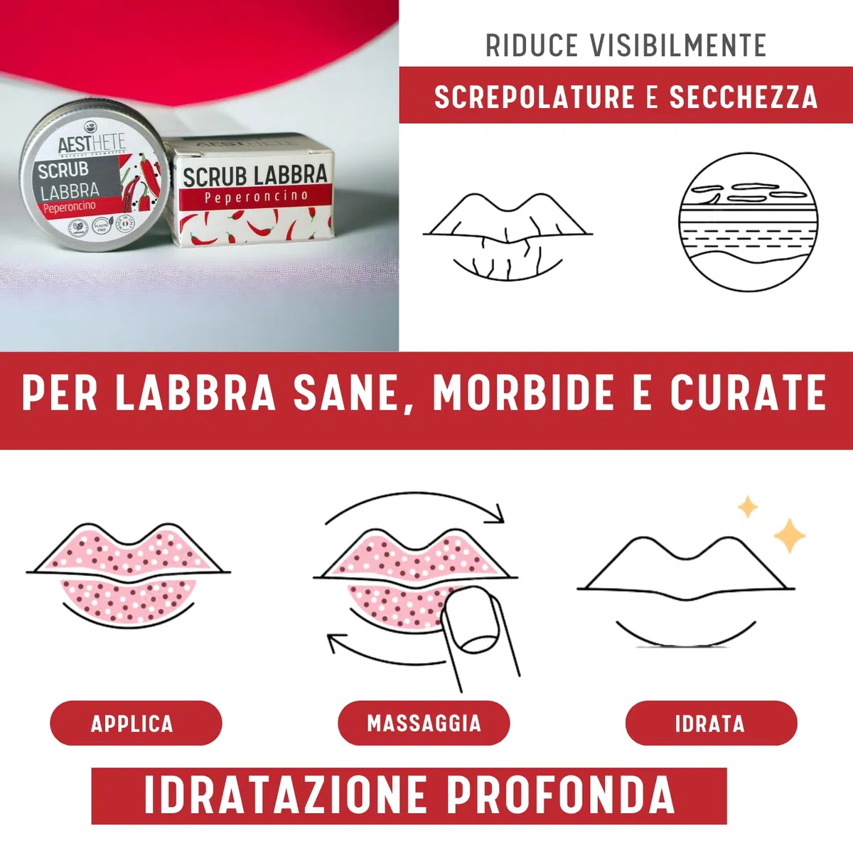 Scrub Labbra Esfoliante Naturale al Peperoncino 15ml – Idratante e Levigante con Aroma Frutti di Bosco Vegan e Biologico | Per Labbra Morbide Senza Pellicine | Made in Italy
