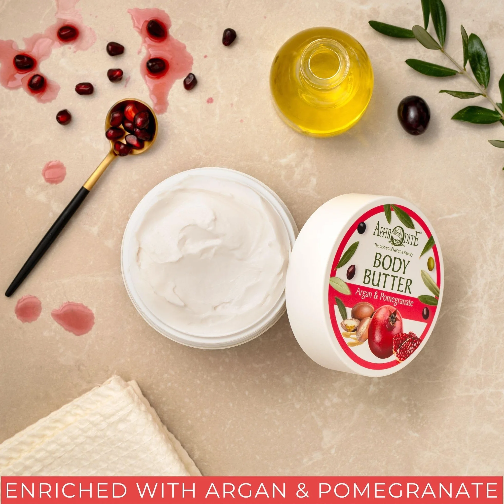 Aphrodite Regenerating Body Butter with Argan & Melegranate - Burro per il corpo antietà a base di olio d'oliva biologico per ripristinare l'umidità (200 ml / 6,76 oz)