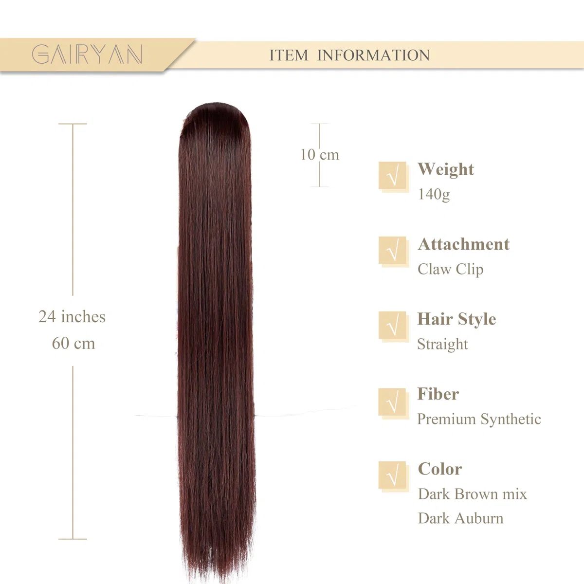 60cm Coda Finta Capelli Extension Lisci con Pinza Posticci per Capelli Sintetici Extension Coda Capelli Lunghi Clip Coda di Cavallo Claw Ponytail Naturale per Donna, Marrone scuro & Auburn
