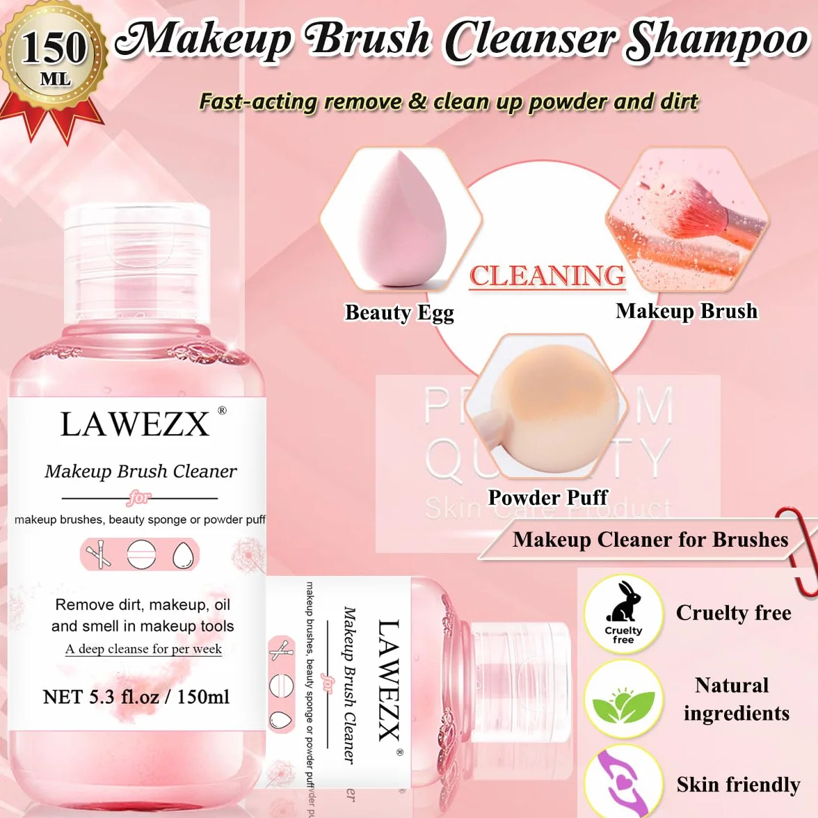 150ml Pulizia Pennelli Trucco, LAWEZX Detergente Liquido per Pennelli da Trucco, Rimuove il Trucco, lo Sporco e le Impurità da Pennelli, Spugne o Piumini per la Cipria, Makeup Brush Cleaner