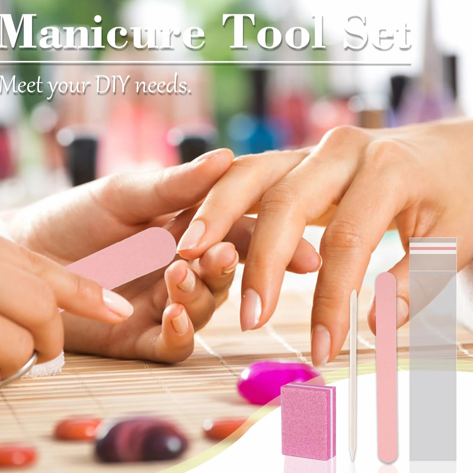 Kit di manicure usa e getta, 50 pezzi, include: 50 lime per unghie, 50 lucidatrici in miniatura, 50 bastoncini in legno, 50 sacchetti OPP + kit di accessori per unghie pressati, soggiorno e casa (rosa