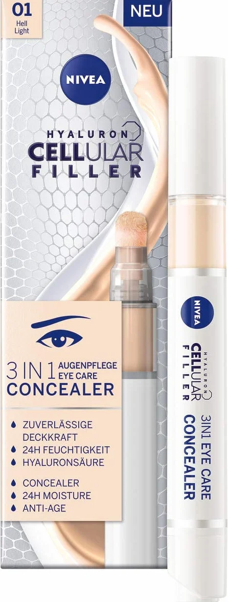 NIVEA Hyaluron Cellular Filler 3IN1 Correttore per il Contorno Occhi Chiaro (4 ml), Correttore Anti-Età con Acido Ialuronico, Penna correttiva per Occhiaie, Arrossamenti e Brufoli