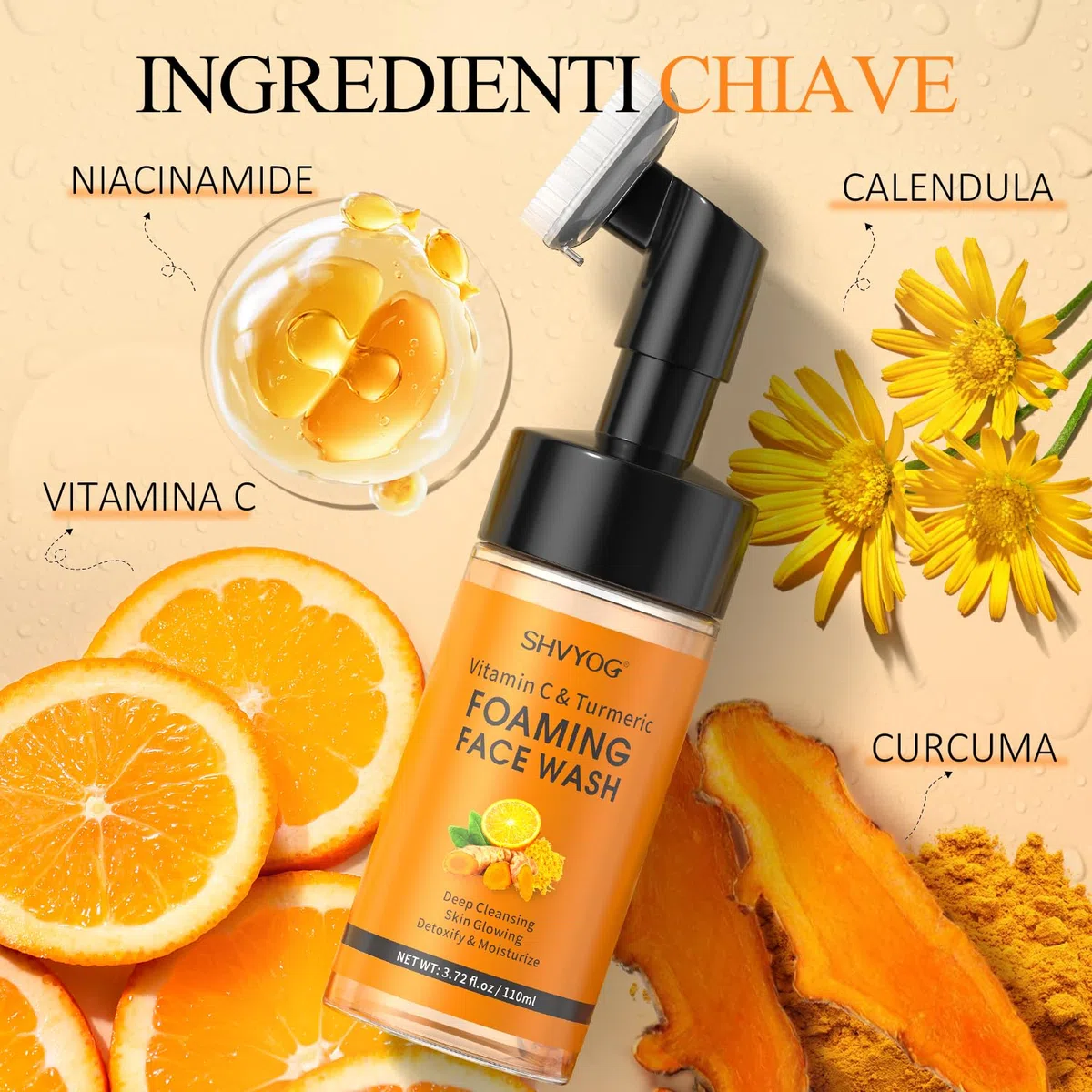 Vitamina C Curcuma Schiuma per la pulizia del viso con spazzola, pulizia della pelle, idratante, esfoliante viso curcuma contro macchie scure, tono della pelle irregolare