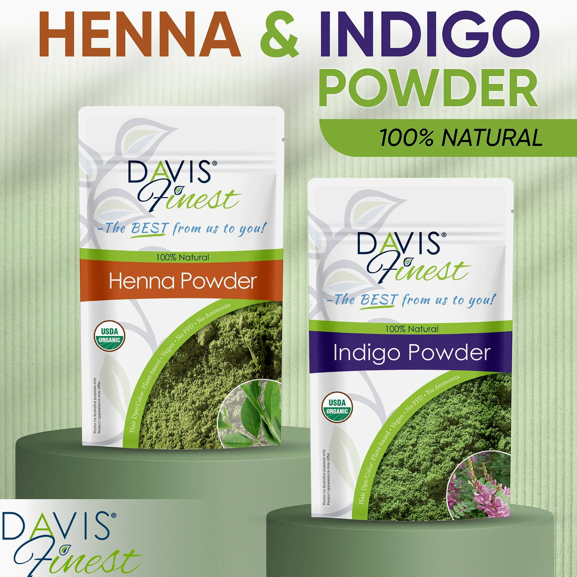Davis Finest Polvere di Indaco Organico per capelli, senza PPD 250g, Tinta per capelli naturale senza sostanze chimiche marrone/nero, vegana