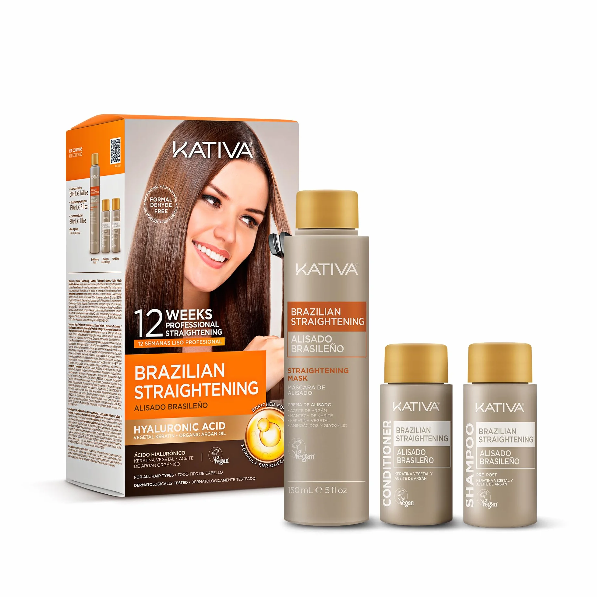 Kativa - Kit lisciante brasiliano (cheratina) con olio di argan e acido ialuronico | Trattamento Lisciante Professionale a Casa - Durata Fino a 12 Settimane - Facile da Applicare | 1 pezzo