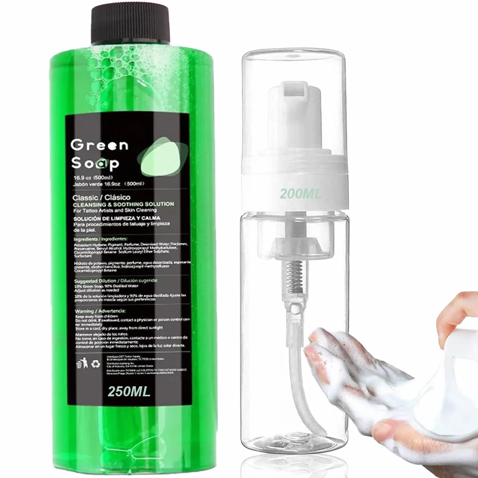 250ml Green Soap Tattoo Kit Pulizia dei Tatuaggi, Unihuby Sapone per Tatuaggi 250 ml con Flacone di Schiuma da 200 ml Tattoo Clean Accessori Pulizia