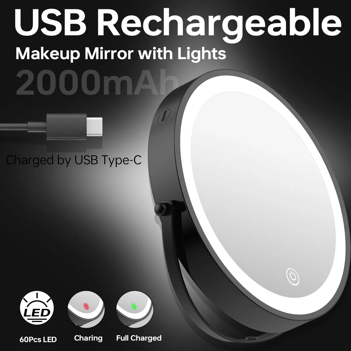 Specchio ingranditore illuminato da parete 10X specchio da trucco con 3 modalità di colore touch screen dimmerabile ricarica USB specchio da trucco allungabile a doppio lato da 20 cm finitura nera.
