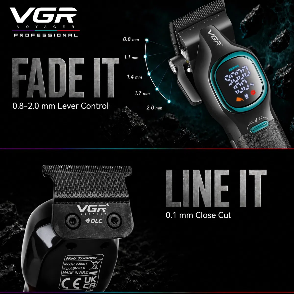 VGR Set di tagliacapelli da uomo e lama a T, macchina da taglio elettrica 9000 giri/min, leva conica ricaricabile USB-C, kit professionale da barbiere