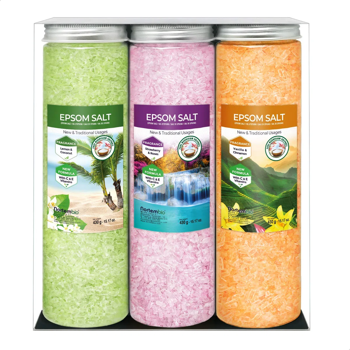 Nortembio Sali di Epsom Confezione Regalo Fragranze Vaniglia, Rose, Limone 3 x 430 g | Magnesio Naturale con Vitamine C ed E | Bagni Rilassanti, Spa, Idratazione + E-Book Gratuito
