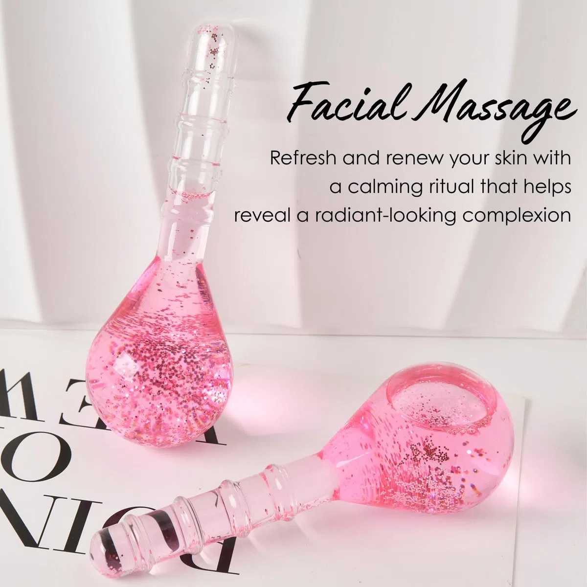 Ice Globes Potenziati, Cryo Stick Ice Globes per Massaggio di Viso Occhi Collo, Sfera di Raffreddamento del Ghiaccio per Ridurre Gonfiore e Occhiaie, Strumento Bellezza Quotidiana, Rosa Glitter