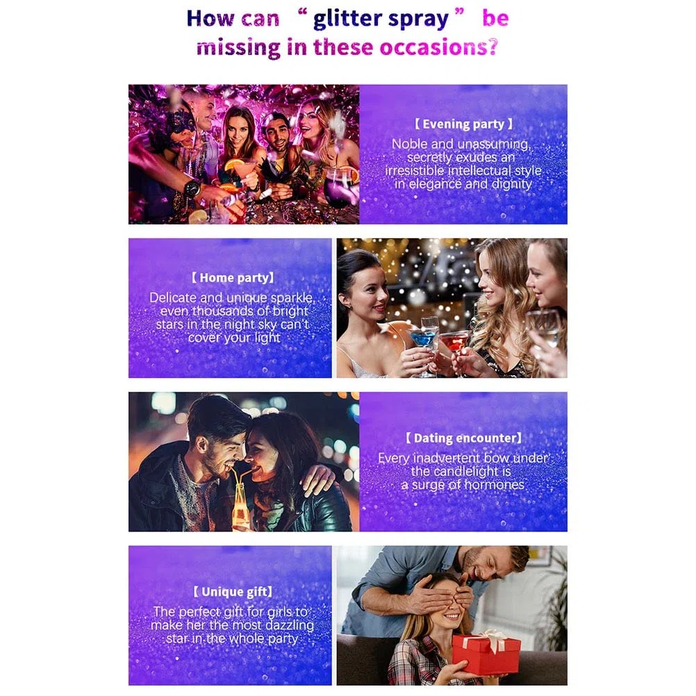 Spray in Polvere Glitterata, Spray Glitterato Lucido 60ml Lacca Glitter Argento luccicante per Le Donne Spray per Trucco in Polvere Glitterata Spray Glitter per Capelli e Corpo