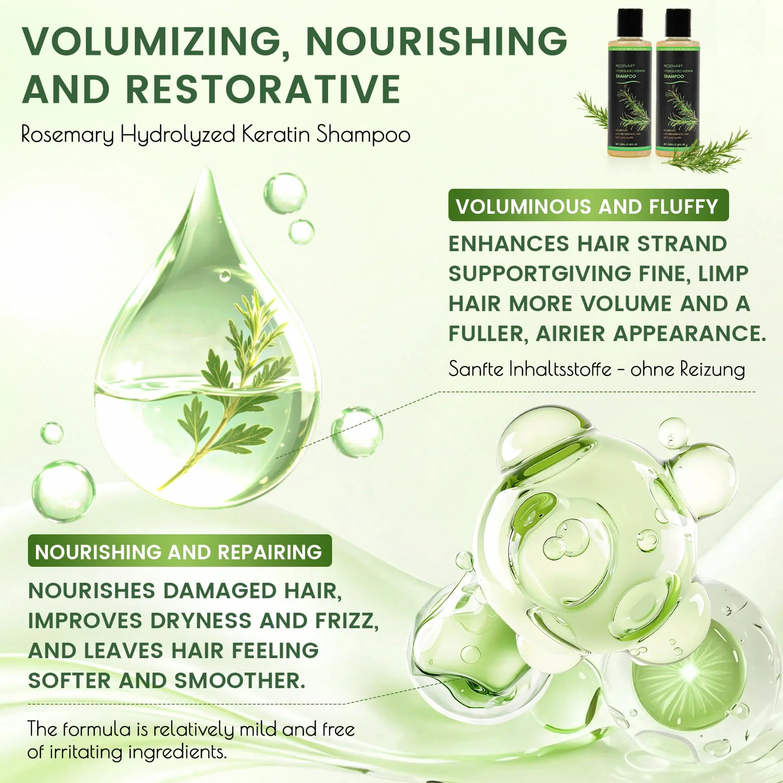 Shampoo al rosmarino per la crescita dei capelli, naturale Rosemary Hydrolyzed Keratin Shampoo da donna per rafforzare i capelli fini e la caduta dei capelli, ammorbidito e fluffy Cleansing