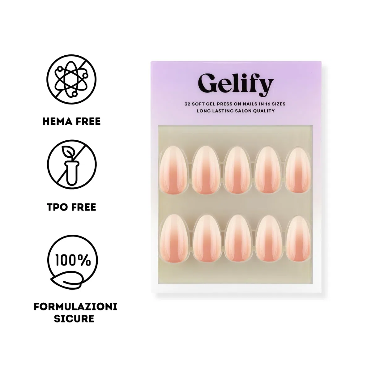 Unghie press on. Press on nails gel. Unghie finte adesive. Unghie adesive in soft gel con colla Gelify. (Baby boomer)