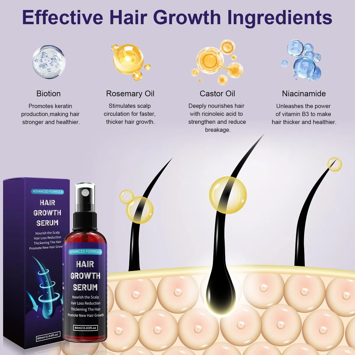 Siero Crescita Capelli, spray capelli per uomo/donna, crescita capelli veloce donna, anticaduta capelli, con biotina e rosmarino e olio di ricino per olio per crescita capelli, olio barba, 60 ml