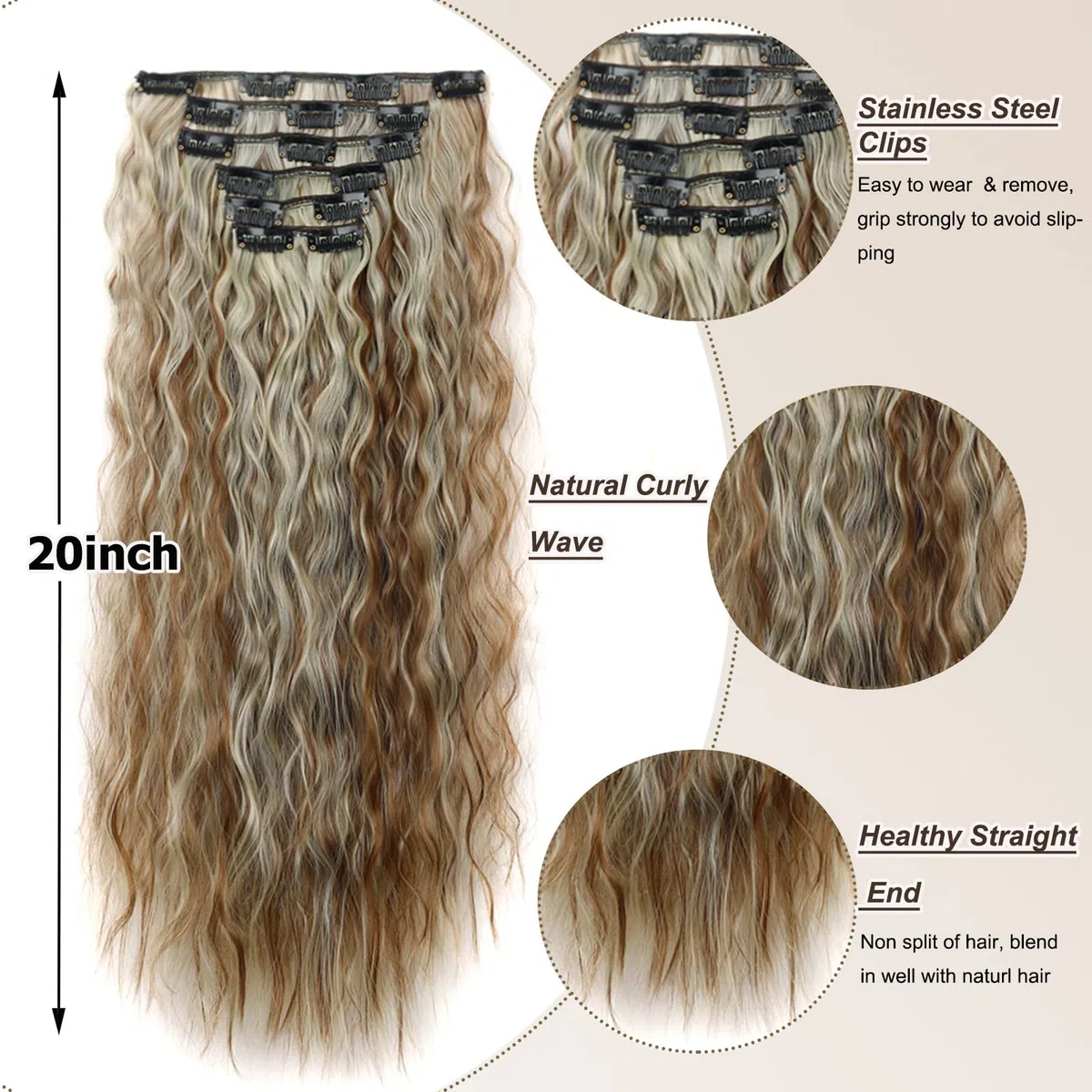 Extension Capelli Clip 6 PCS Set Clip in Hair Extensions Ondulati Posticci per Capelli Finti Extension con Clip Sintetici Lungo Ricci 50cm per Donna, Castano & Biondo