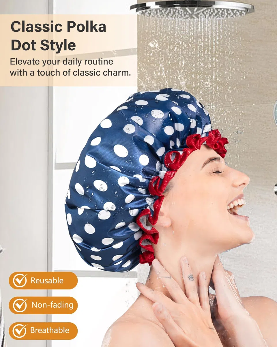 mikimini Cuffia doccia riutilizzabile e impermeabile da donna – Cuffia doccia grande per capelli lunghi con fascia elastica, cuffia doppio strato con classico motivo a pois per capelli spessi e trecce