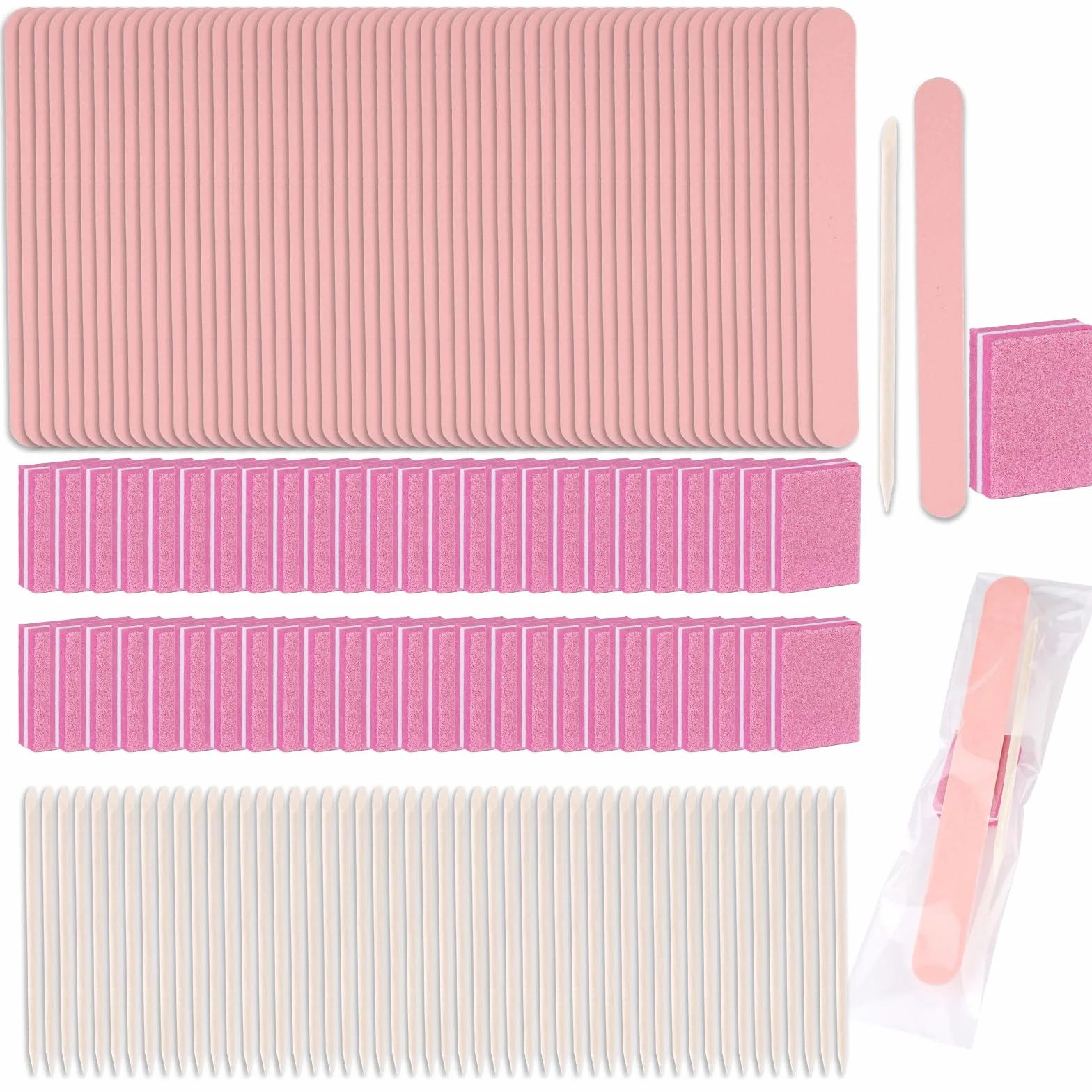 Kit di manicure usa e getta, 50 pezzi, include: 50 lime per unghie, 50 lucidatrici in miniatura, 50 bastoncini in legno, 50 sacchetti OPP + kit di accessori per unghie pressati, soggiorno e casa (rosa