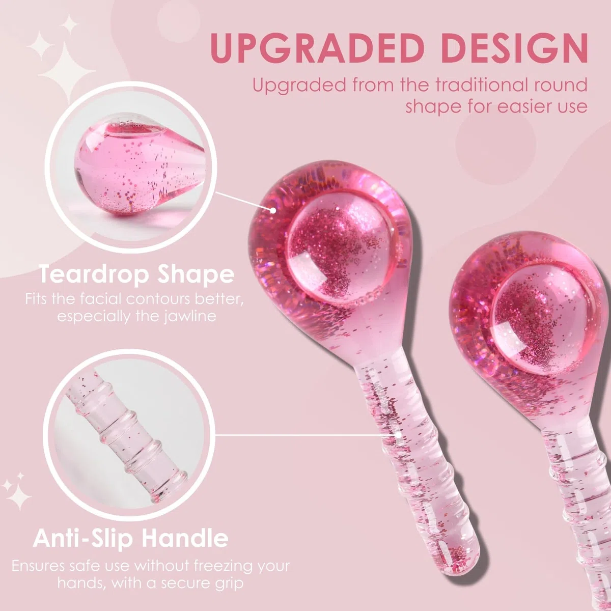 Ice Globes Potenziati, Cryo Stick Ice Globes per Massaggio di Viso Occhi Collo, Sfera di Raffreddamento del Ghiaccio per Ridurre Gonfiore e Occhiaie, Strumento Bellezza Quotidiana, Rosa Glitter