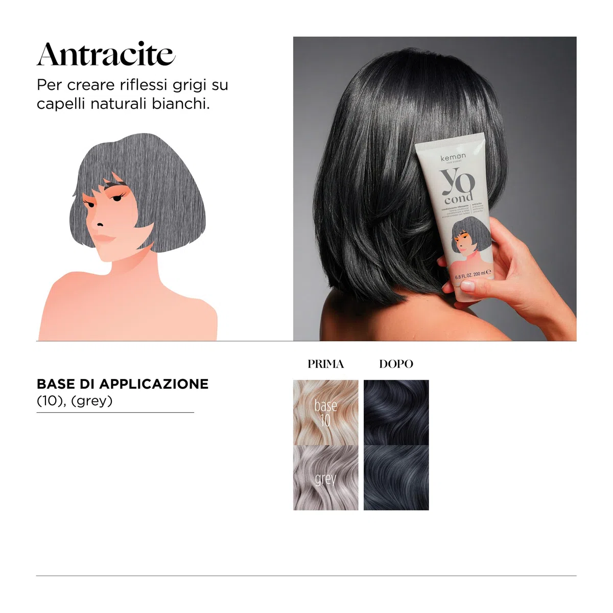 Kemon Yo Cond Antracite - Maschera Riflessante Professionale con Formula YoVeg e Velian Complex, Nutre e Illumina i Capelli in 3 Minuti, 88% Ingredienti Naturali, 200 ml