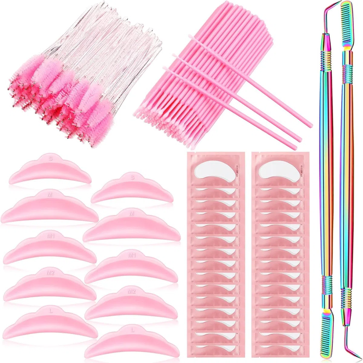 Kit per lash Lift, 232 Pezzi, con 50 astine in Silicone, 2 Strumenti separa Ciglia, 100 Micro tamponi, 50 pennelli per Mascara in Cristallo e 30 Coppie di Pad per Estensioni