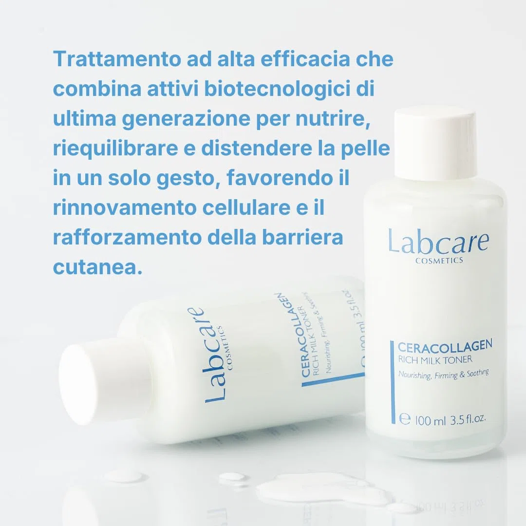 Labcare Ceracollagen Milk Toner - 3 Prodotti in 1: Tonico, Essence e Idratante Liquido Anti-Age con Peptidi Biomimetici e Ceramidi - 100ml