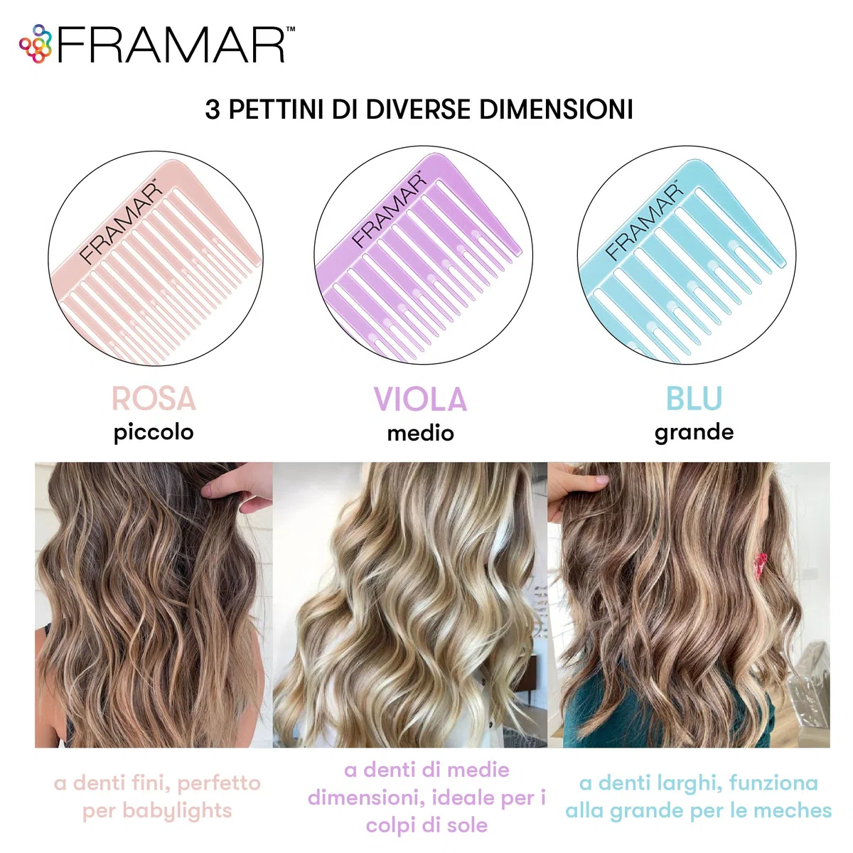 FRAMAR Dreamweaver Set di pettini per highlighter – Pettine per capelli a coda di topo con coda in metallo, pettine per parrucchiere, pettine a coda di spillo – Confezione da 3 pastelli