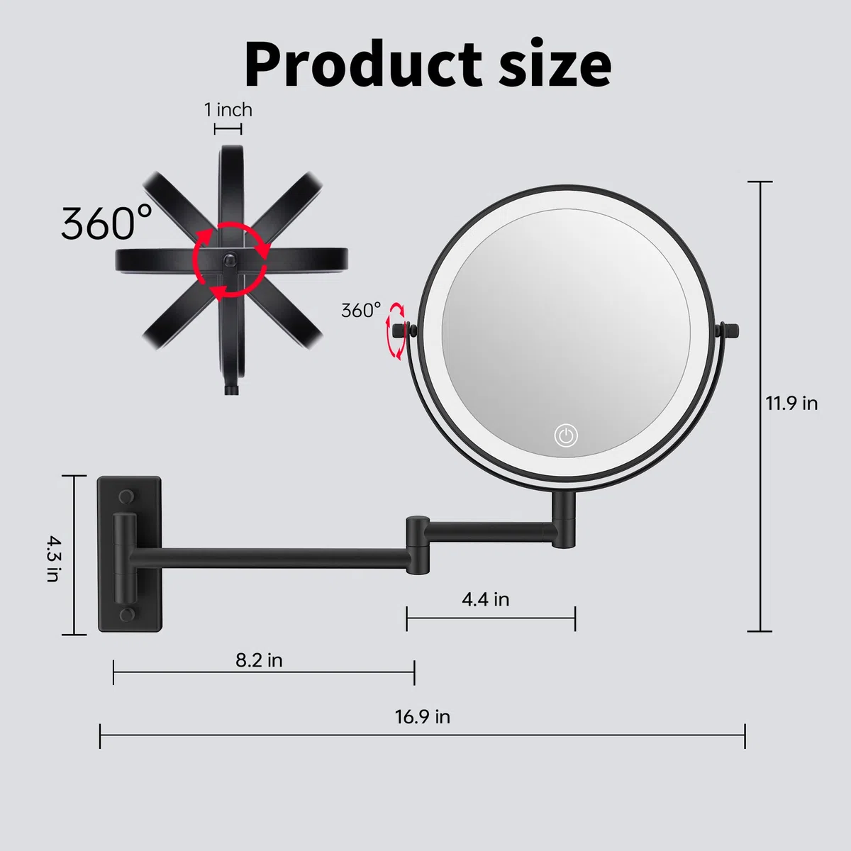 Specchio ingranditore illuminato da parete 10X specchio da trucco con 3 modalità di colore touch screen dimmerabile ricarica USB specchio da trucco allungabile a doppio lato da 20 cm finitura nera.