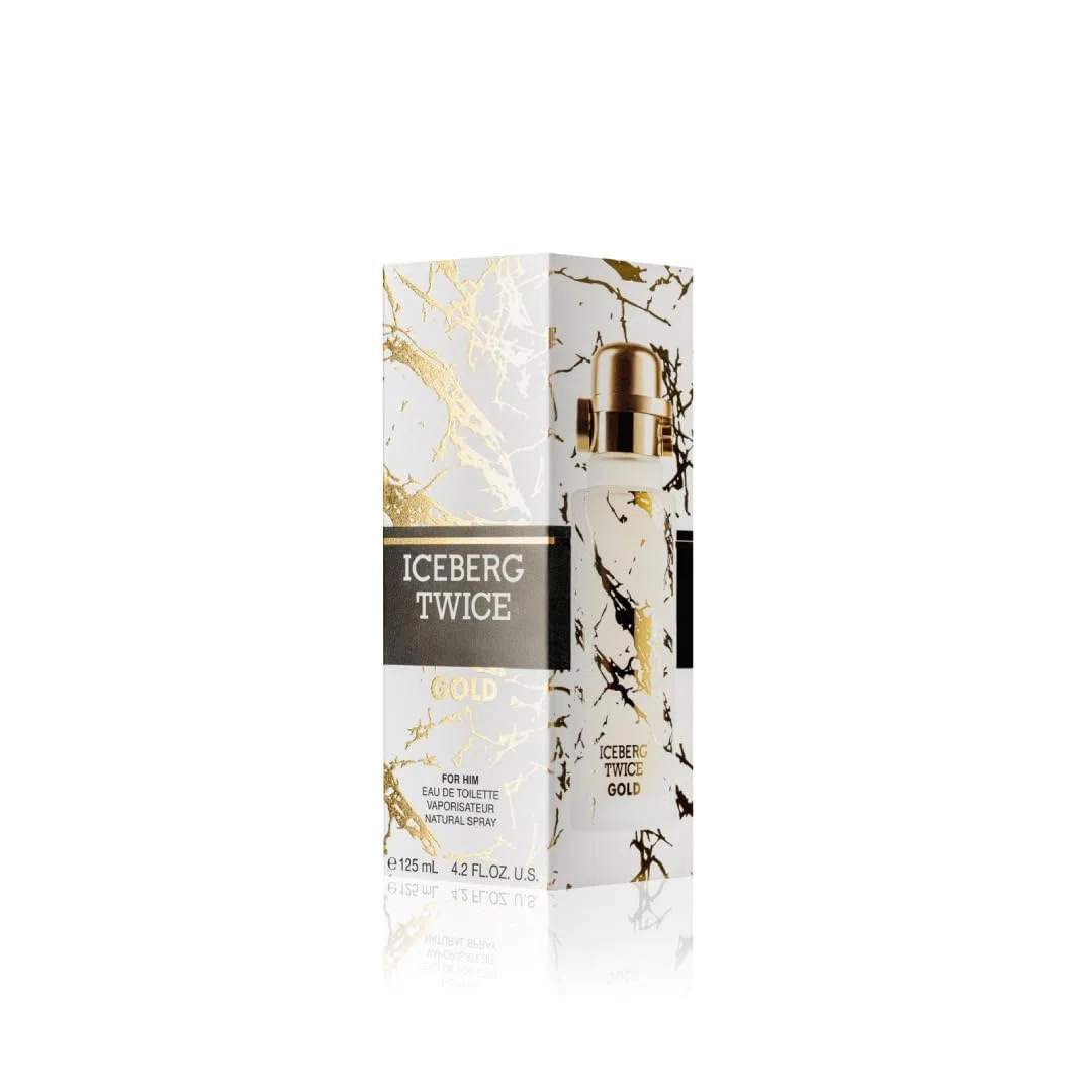 ICEBERG Twice Gold – Eau de Toilette 125 ml, Profumo da Uomo Opulento dalle Note Legnose e Vellutate, Lussuoso Flacone Cilindrico Effetto Marmo, Per Gli Uomini che Amano Vivere Intensamente