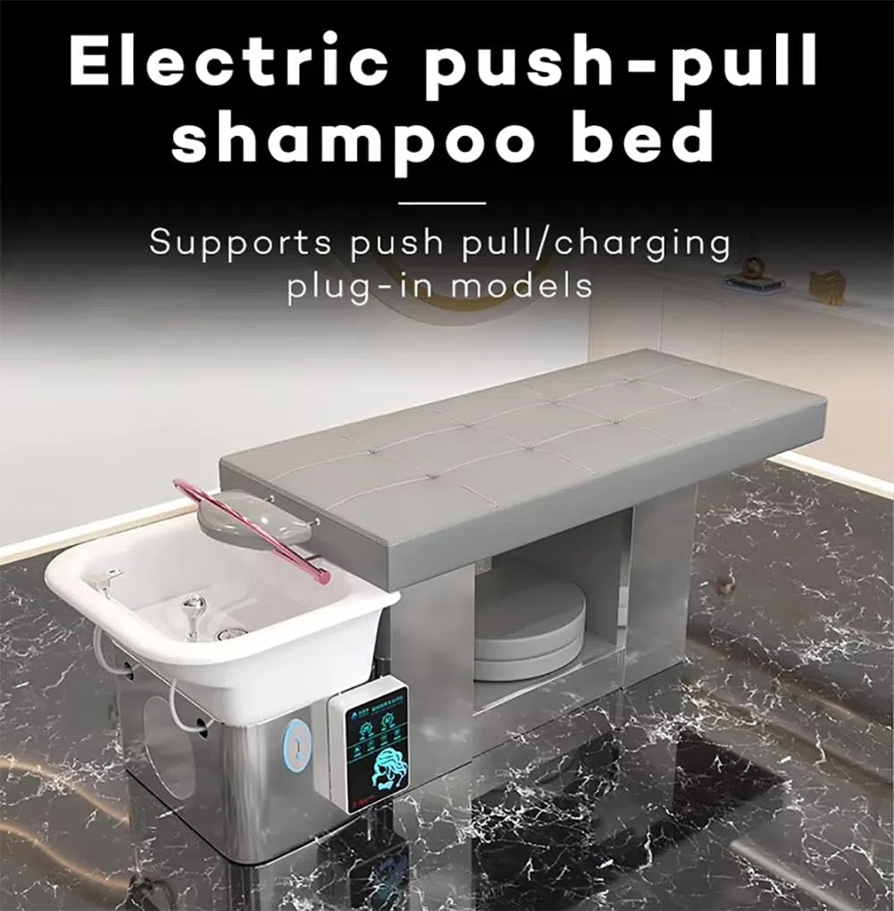 Lettino da shampoo multifunzionale con circolazione d'acqua per salone, trattamento capelli tailandese, fumigazione e colorazione grigia.