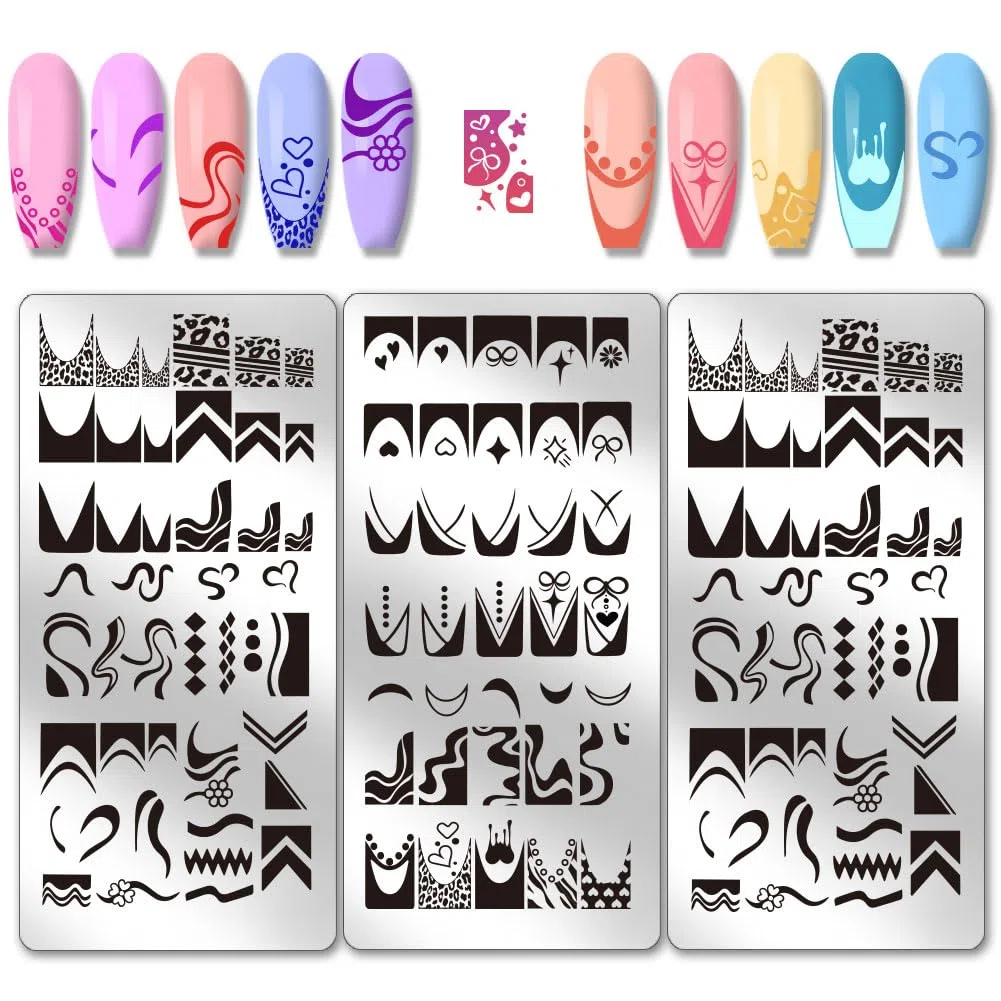 PH PandaHall 3pz Piastre per Timbri per Unghie con Punta Francese Stencil per Nail Art con Linea Francese Modelli per Manicure Geometrici Strisce Onde Stencil per Unghie con Fiore e Leopardo per Donna