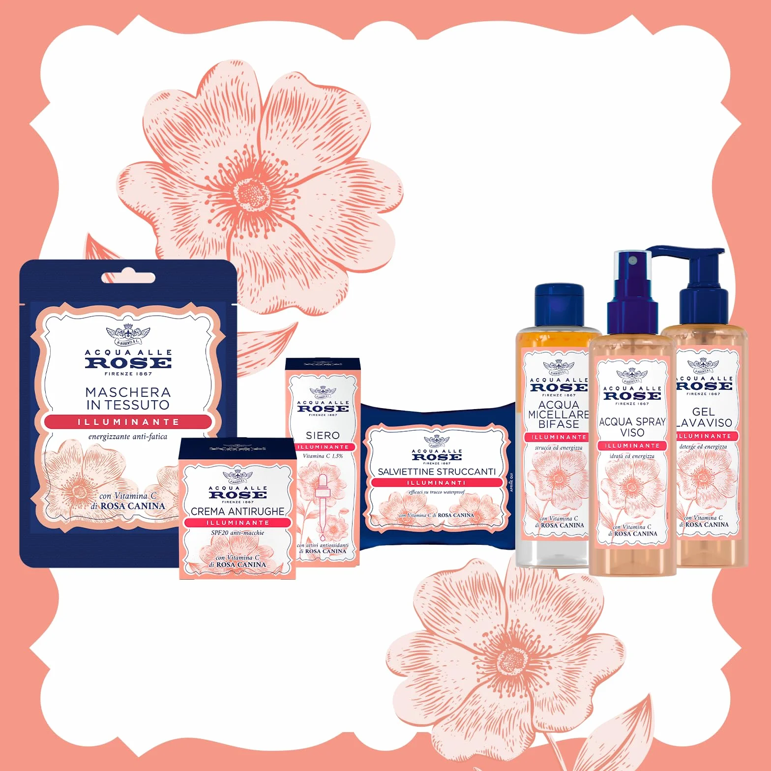 Acqua alle Rose, Salviettine Struccanti Illuminanti per Pelli Spente e Opache, con Vitamina C di Rosa Canina Energizzante, Azione Struccante su Viso, Occhi e Labbra, 6 Confezioni da 20 Salviettine