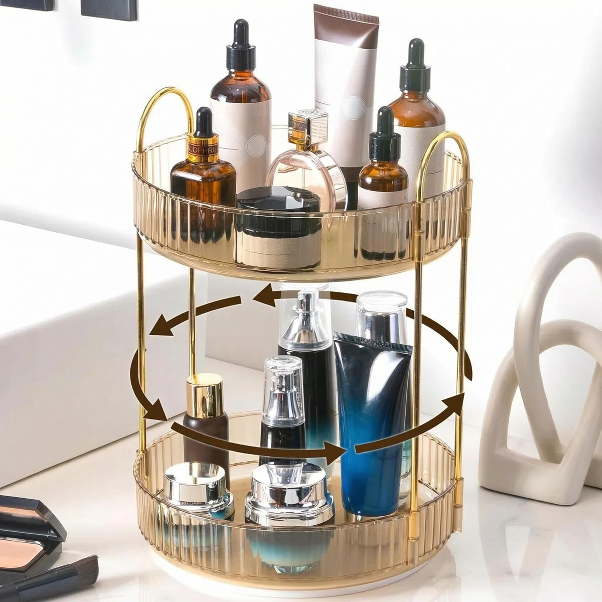 Organizzatore per trucchi rotante a 360 gradi, organizer per cosmetici per la cura della pelle, organizer per profumi, spezie, per comò, camera da letto, bagno (2 ripiani, oro)