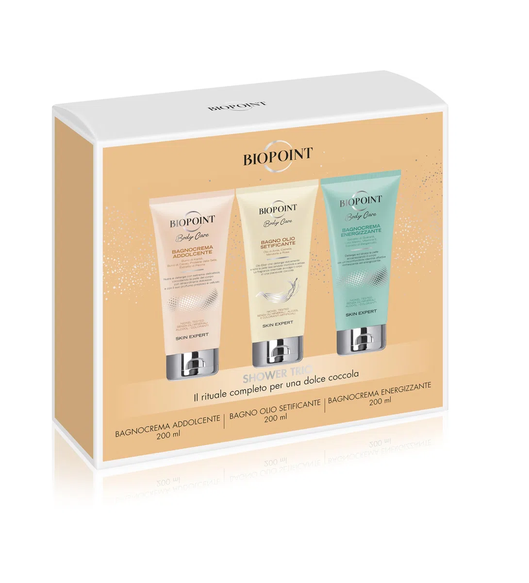 Biopoint - Set Regalo Bagnoschiuma: Bagnocrema Addolcente, Bagno Olio Setificate, Bagnocrema Energizzante - Nutre e Deterge con Delicatezza, 200mlx3