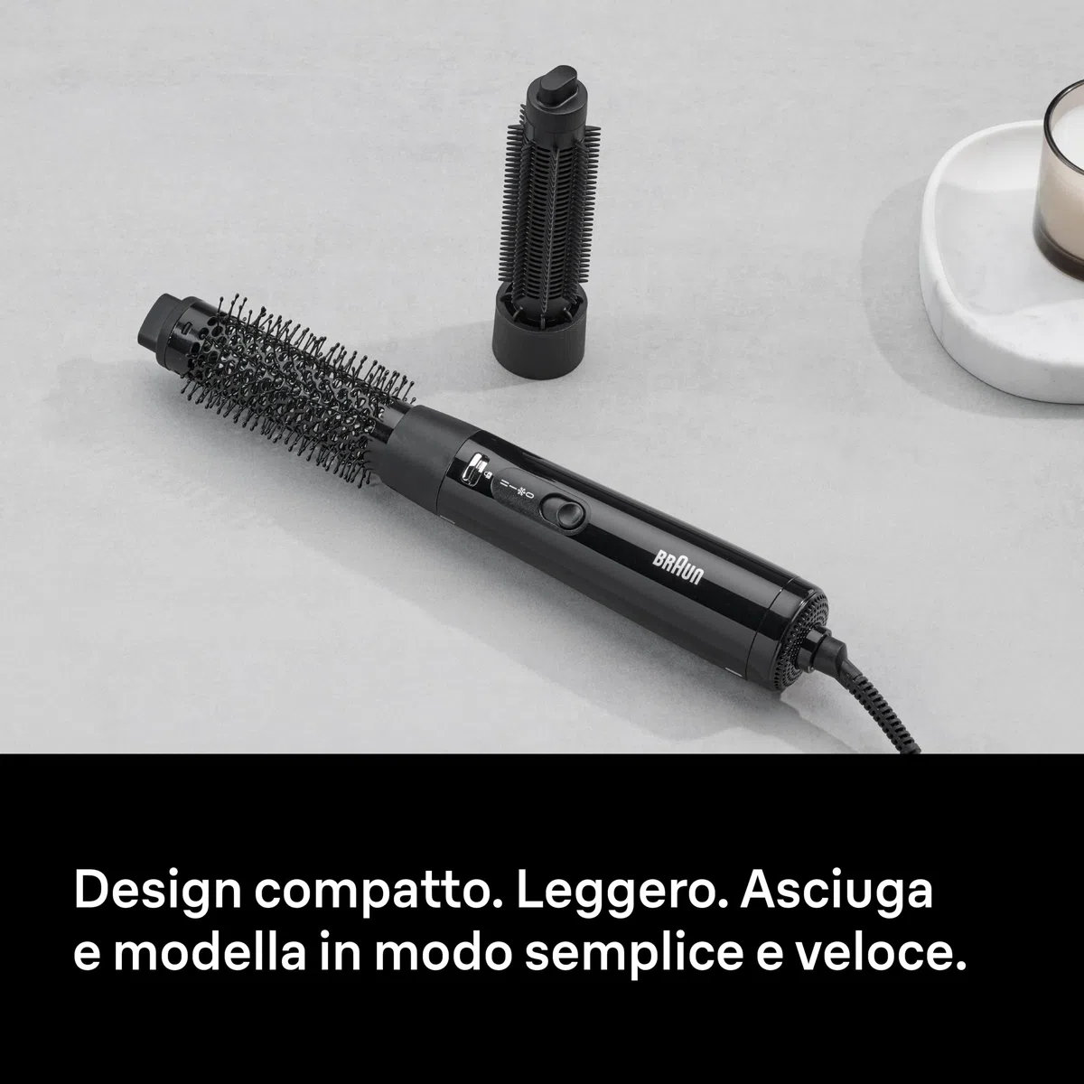 Braun Air Styler AS1.5, compatta, spazzola termica modellante e spazzola a setole rigide, 300W, 3 impostazioni di calore/velocità, Nero lucido, BRAS150E