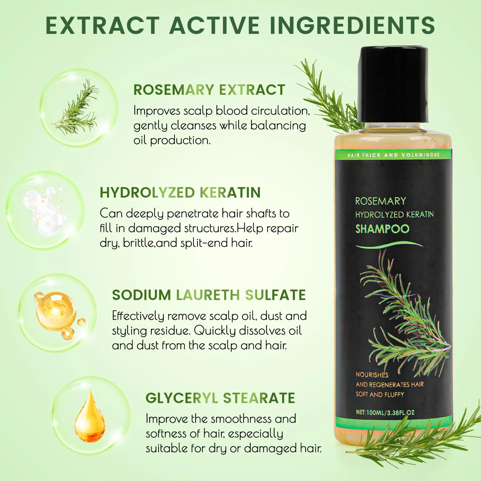 Shampoo al rosmarino per la crescita dei capelli, naturale Rosemary Hydrolyzed Keratin Shampoo da donna per rafforzare i capelli fini e la caduta dei capelli, ammorbidito e fluffy Cleansing