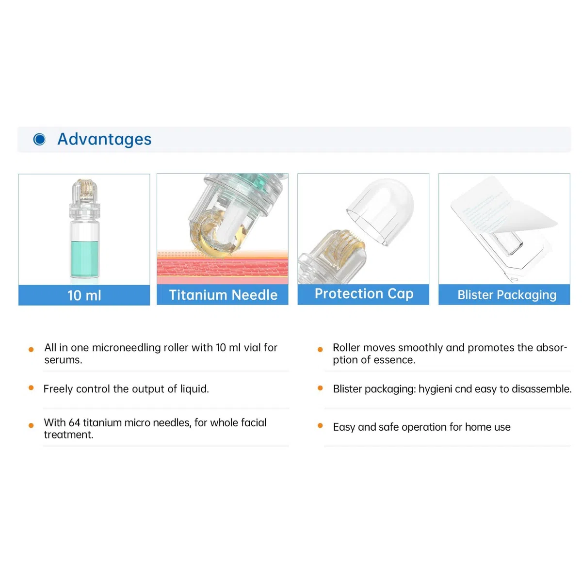 Hydra. Roller Titanio 64 Pins Microneedling Lunghezza 0,5 mm SENZA SIERO Rullo Needling per la cura della pelle anti-invecchiamento, labbra, stimolazione della crescita di capelli e barba