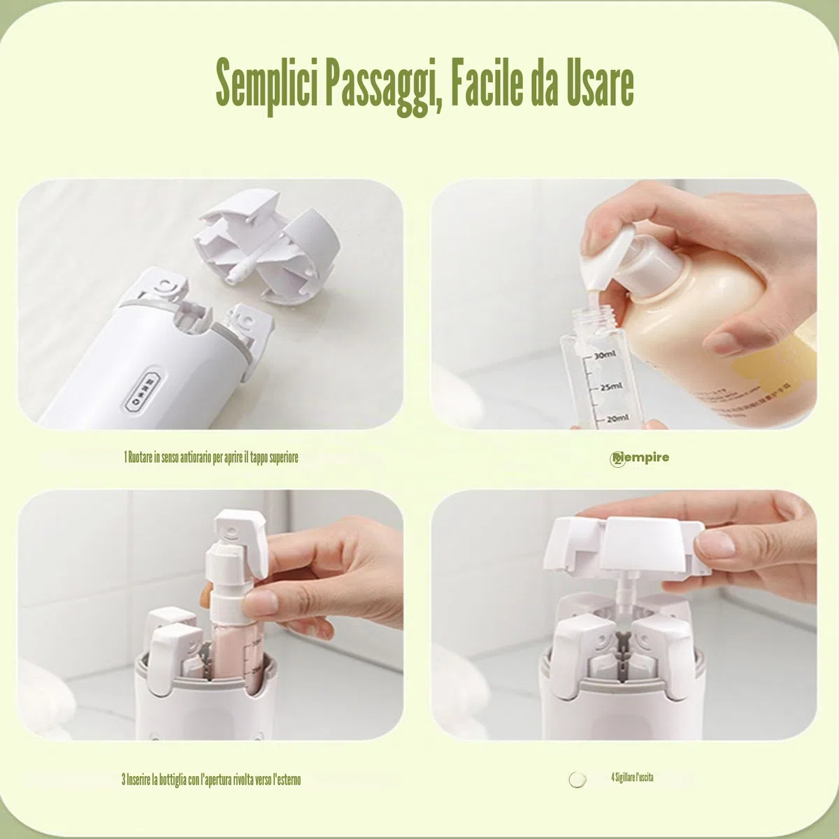 Dispenser da viaggio 4 in 1 con scala ed etichetta, bottiglie da viaggio 4 in 1, ricaricabile, a prova di perdite, dispenser per shampoo, balsamo, lozioni e crema (verde)