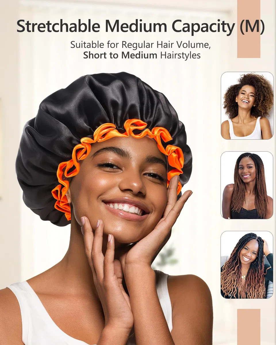 mikimini Cuffia Doccia Nera per Donne, Cappelli da Doccia Impermeabili Riutilizzabili per Uomini, Cuffia da Bagno Lavabile a Doppio Strato per Capelli Spessi e Ricci, Medio, 2 Pezzi