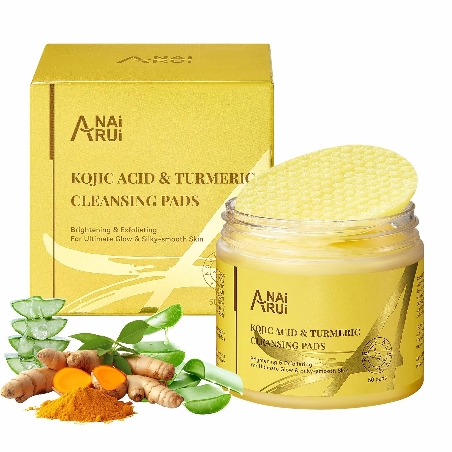 ANAiRUi Pads Detergenti al Curcuma e Acido Kojico per il Viso, Esfolianti al Curcuma con Niacinamide, Salicilato, Cura della Pelle per una Pulizia Profonda, Combatte l'Acne, 50 Pezzi