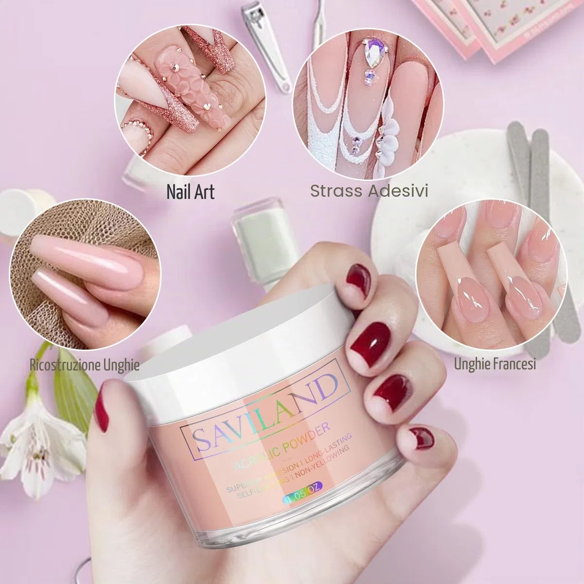 Saviland Polvere acrilica professionale colorata nuda per nail art 3D