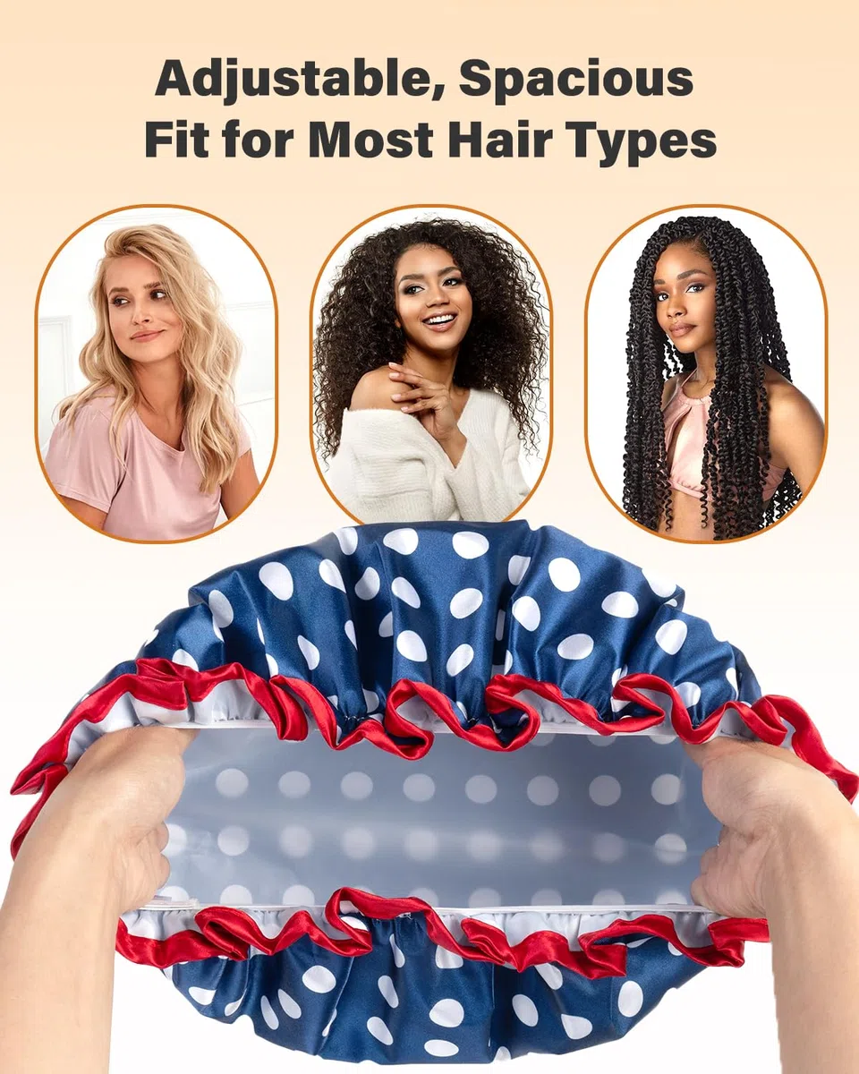 mikimini Cuffia doccia riutilizzabile e impermeabile da donna – Cuffia doccia grande per capelli lunghi con fascia elastica, cuffia doppio strato con classico motivo a pois per capelli spessi e trecce