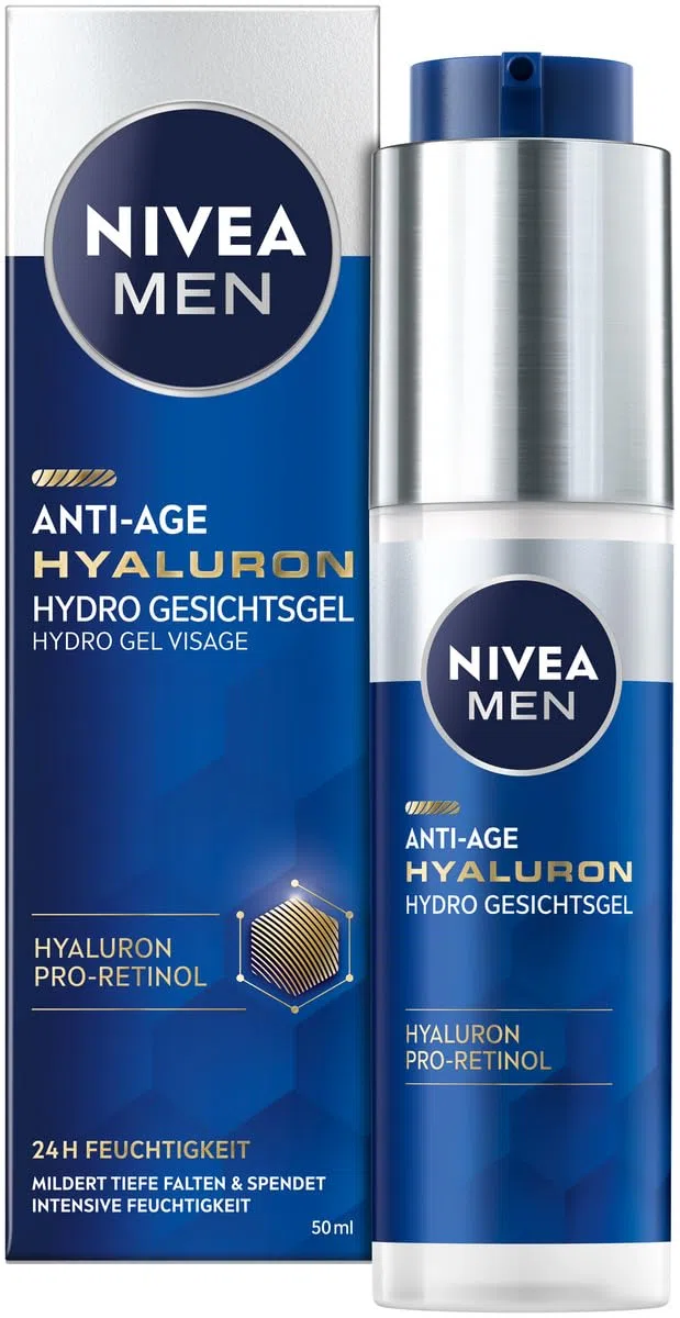 NIVEA MEN Gel viso anti-età Hyaluron Hydro, rinfrescante cura del viso con ialurone e pro-retinolo, gel ad assorbimento rapido per 24 ore di umidità intensa e attenua le rughe visibili (50 ml)