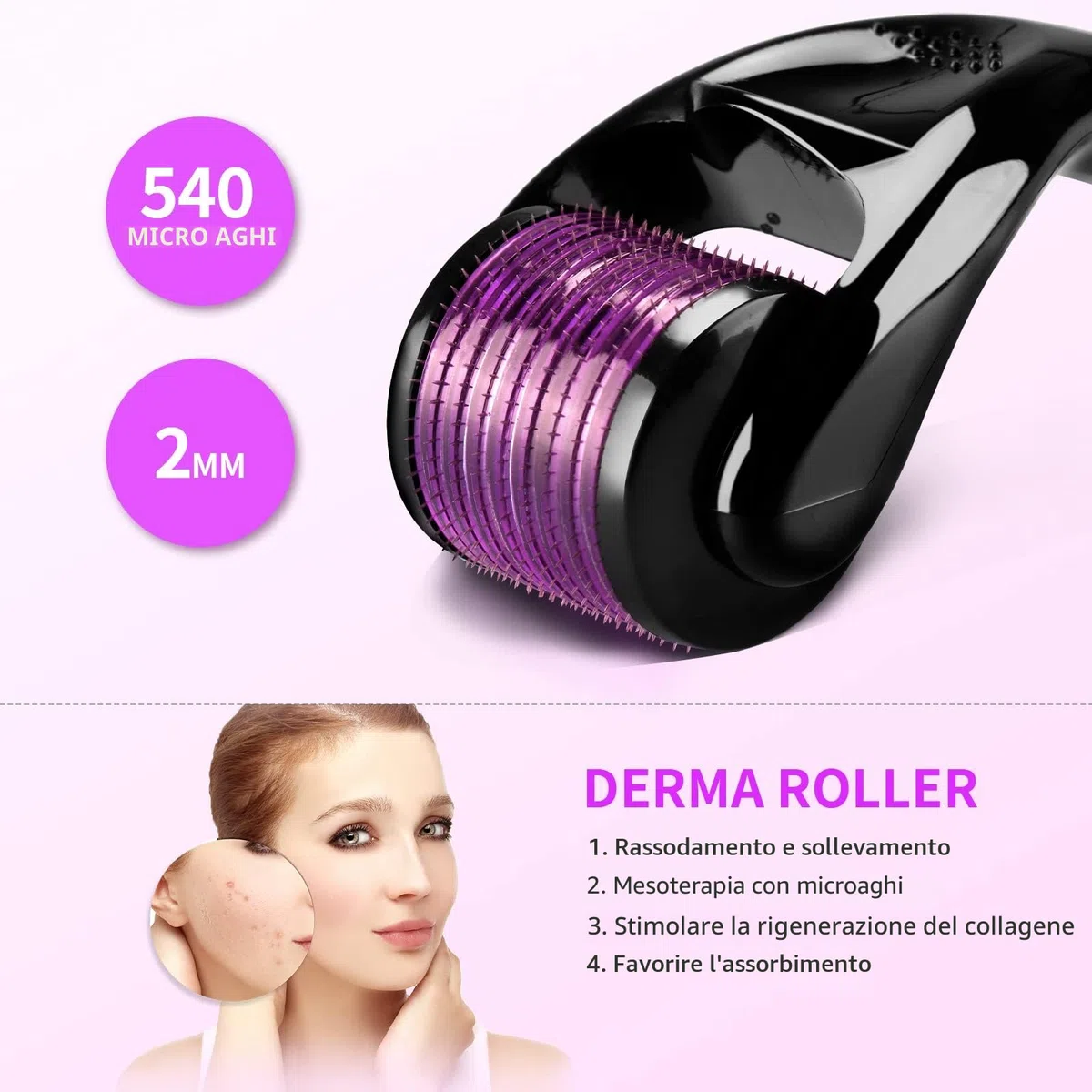 Derma Roller 0,5 mm 540-aghi Titanio Micro-ago Derma Rullo per Viso Pelle Ringiovanimento Anti-rughe Anti-invecchiamento Rigenerazione Della Pelle Perdita Capelli Acne Cicatrici Smagliature Viso Barba