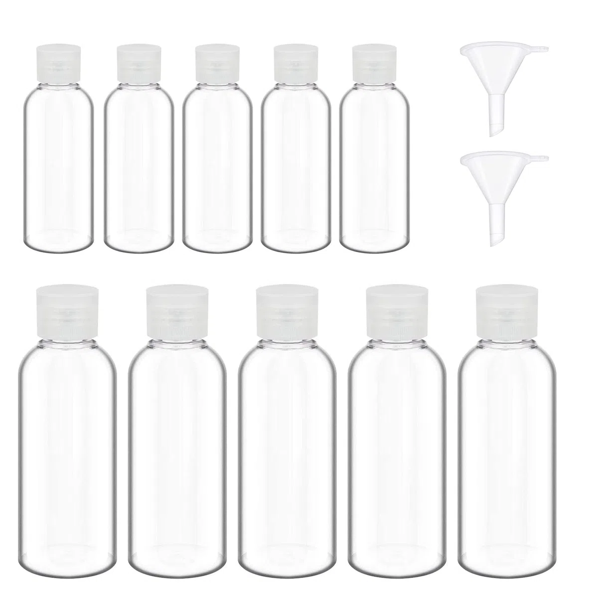 10 Pezzi Bottiglie da Viaggio 50 ML + 100 ML, Contenitori da Viaggio Trasparenti Vuoti, Bottiglie da Viaggio in Plastica Riutilizzabili Flip Cap Bottiglie con 2 Imbuti, per Gel, Lozioni, Shampoo