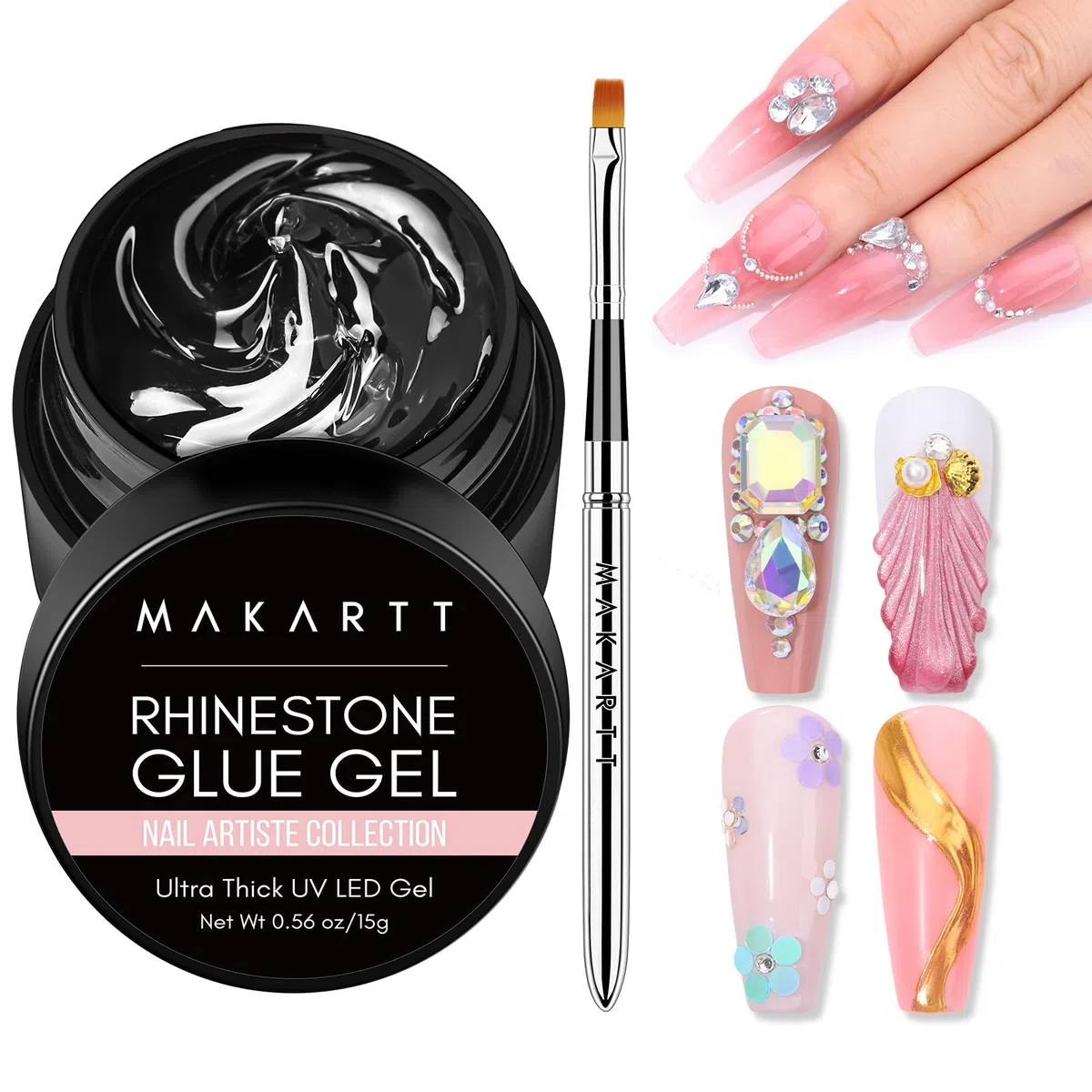 Makartt Colla per Unghie, 15g Gel per Colla Strass per Gemme con Pennello, UV per Unghie in Gel Colla per Strass Pietre di Cristallo Gioielli