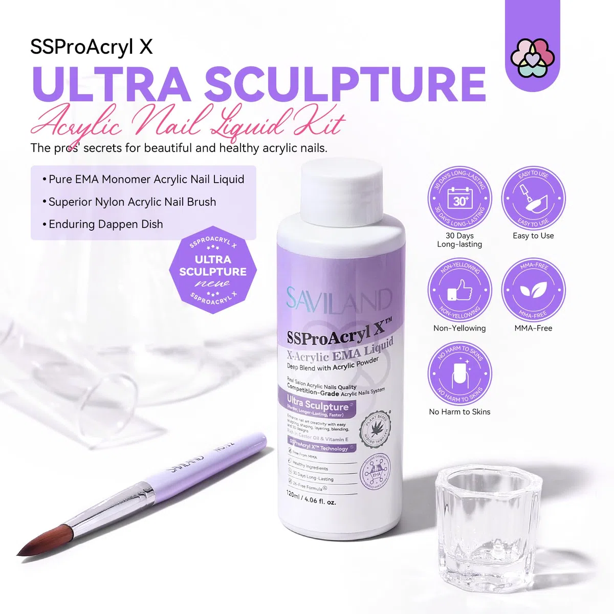 SAVILAND Liquido Acrilico Monomero EMA: Liquido Acrilico 120 ML per Unghie, Liquido Acrilico Monomero con Pennello Acrilico per Unghie, Ciotola per Estensione Unghie Acriliche